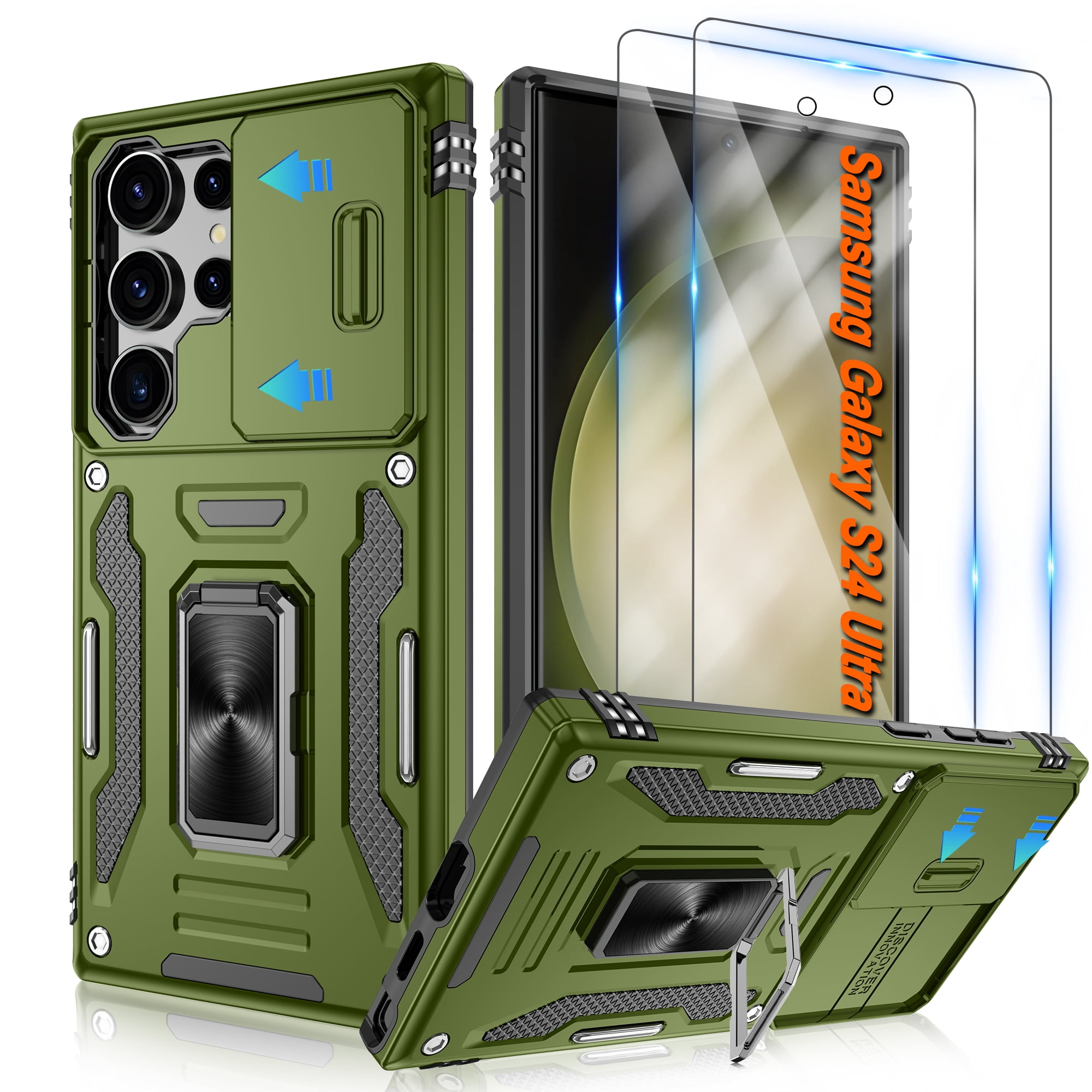 Atump for Galaxy S24 Ultra Case with 2Pcs HD Screen Protector, Military Grade Shockproof and Slide Camera Cover, 360° Rotated Ring Kickstand Protective Case for Samsung Galaxy S24 Ultra,Olive Green