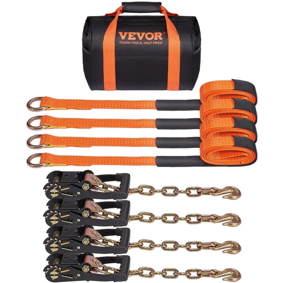 Heavy Duty 4 Pack Car Tie Down Straps with Chain Anchors Lasso Style 2x120 Inch Tire Straps 5865 LBS Working Load 11023 LBS Breaking Strength Heavy Duty Ratchets for Passenger Car ATV SUV UTV Truck