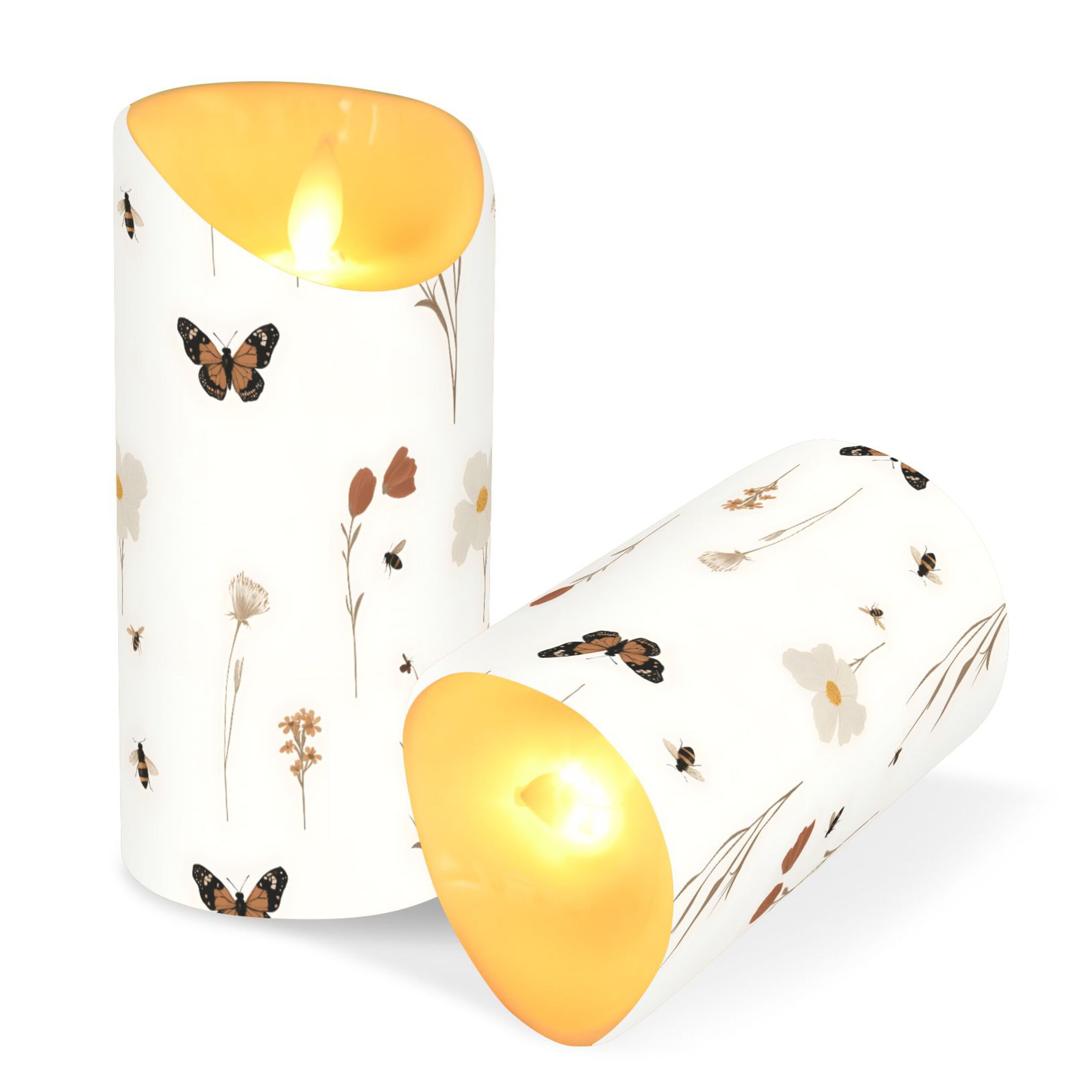 Wildflowers and Insects Flameless Candles 2 PCS with Remote Realistic Moving Flame LED Tapered Pillar Set for Home Decor