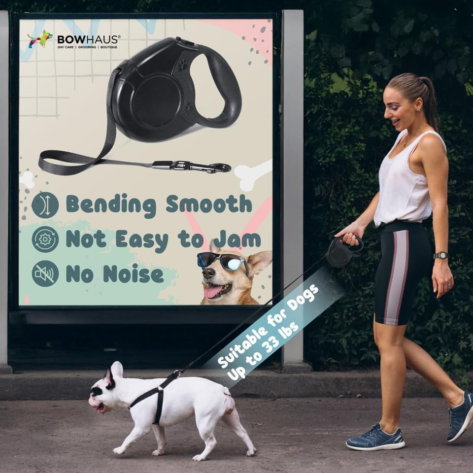 BOWHAUS Heavy Duty Retractable Dog Leash with One-Handed Brake, Pause, Lock, No Noise Pet Walking Leash for Tangle-Free Dog Walking, Not Easy to Jam, with Non-Slip Handle