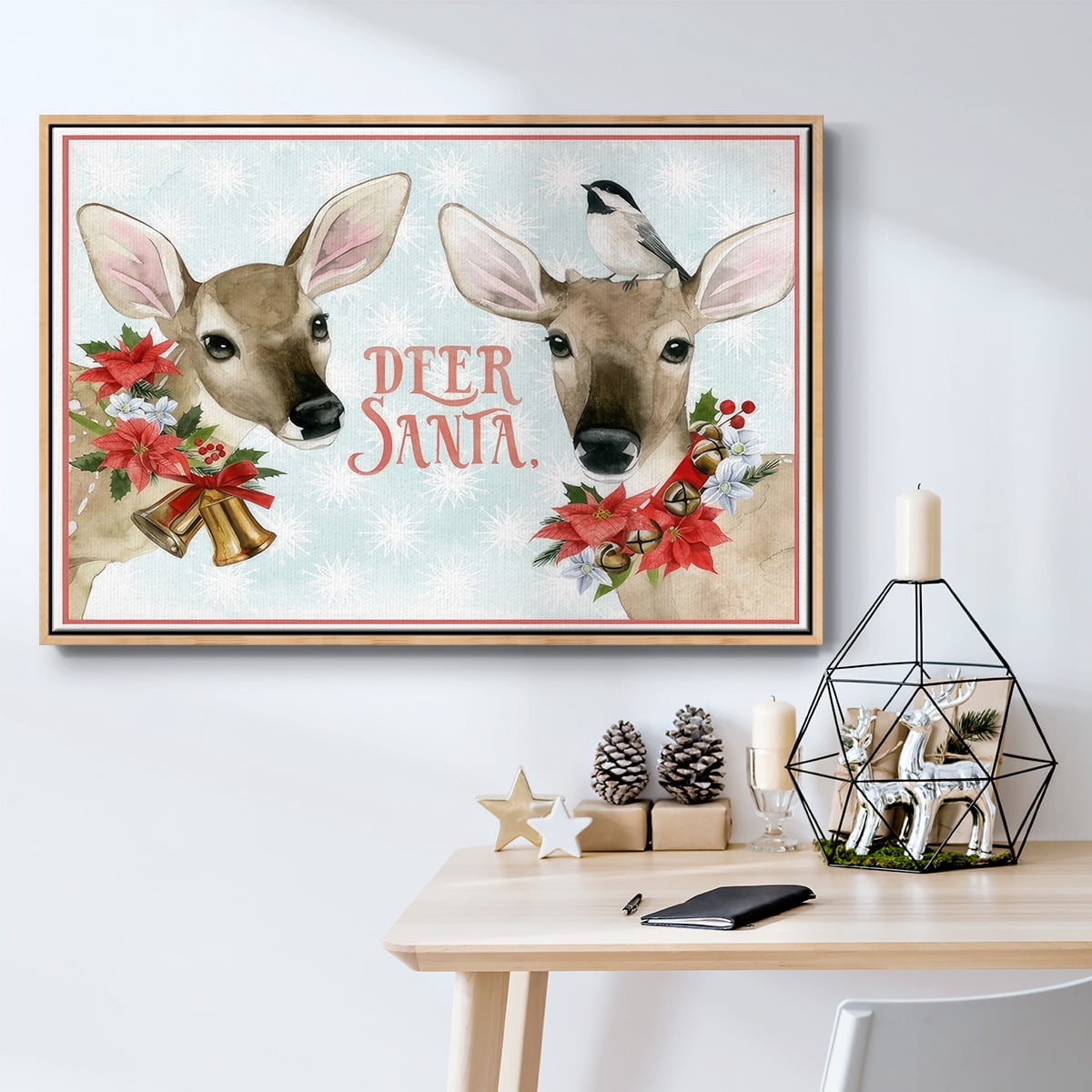 Deer Christmas Collection A - Framed Gallery Wrapped Holiday Canvas - 17 x 25 - Natural Wood Frame