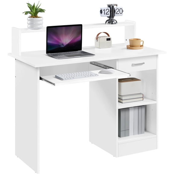 Yaheetech Computer Desk Home Office Laptop Desktop Table with Drawers Storage Shelf Keyboard Tray, White
