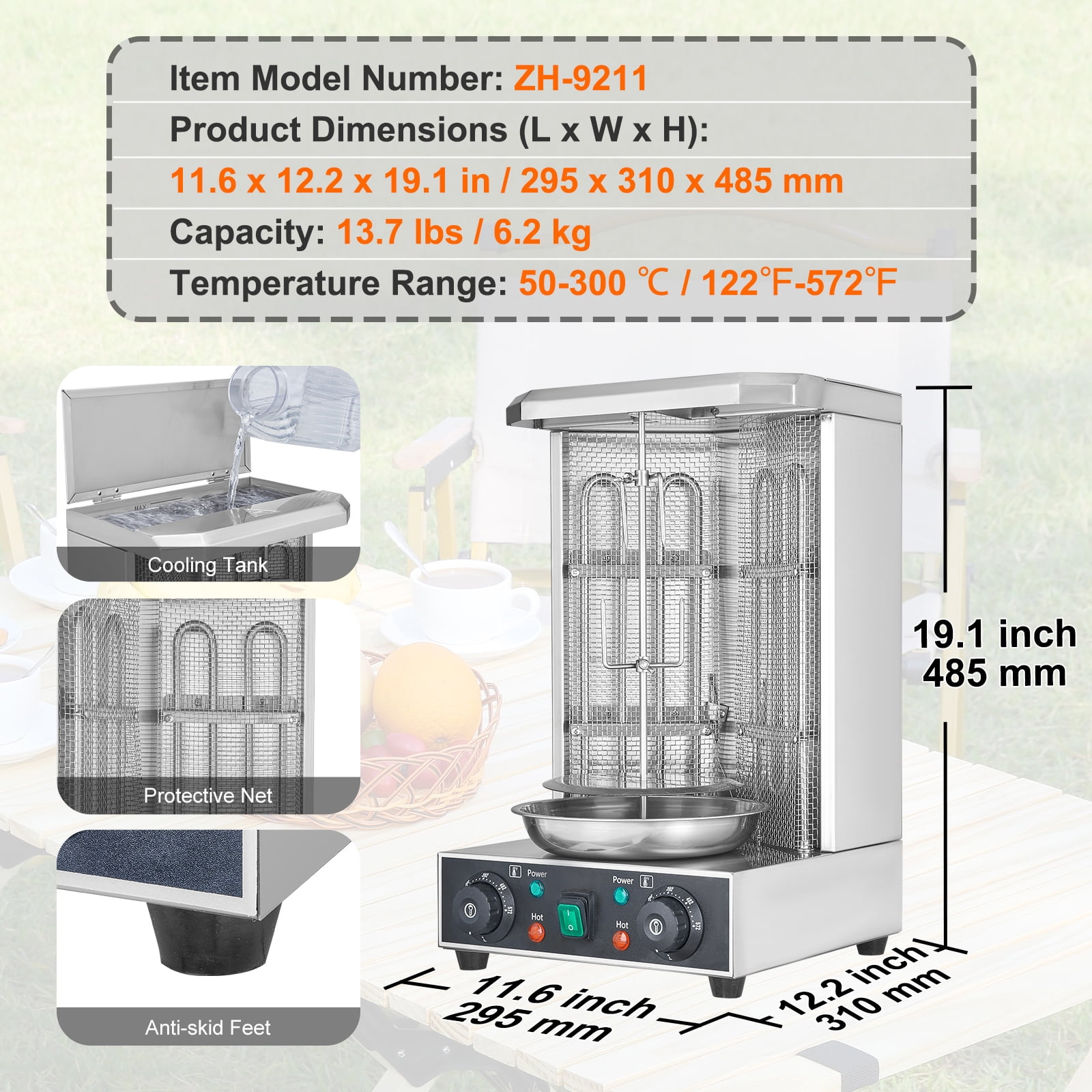KFFKFF Gyro Rotisserie Oven, Can Hold 13lbs, Electric Vertical Broiler with 2 Heating Elements, 122℉-572℉ Chicken Shawarma Cooking Device, Doner Kebab Maker for Residential/Commercial Purposes