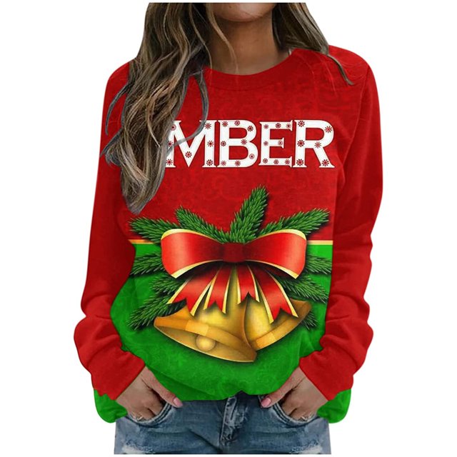 Camisas navideñas para mujer, sudadera ligera con cuello redondo de manga larga estampada, camisetas cómodas gráficas Pompotops gfhjh14609