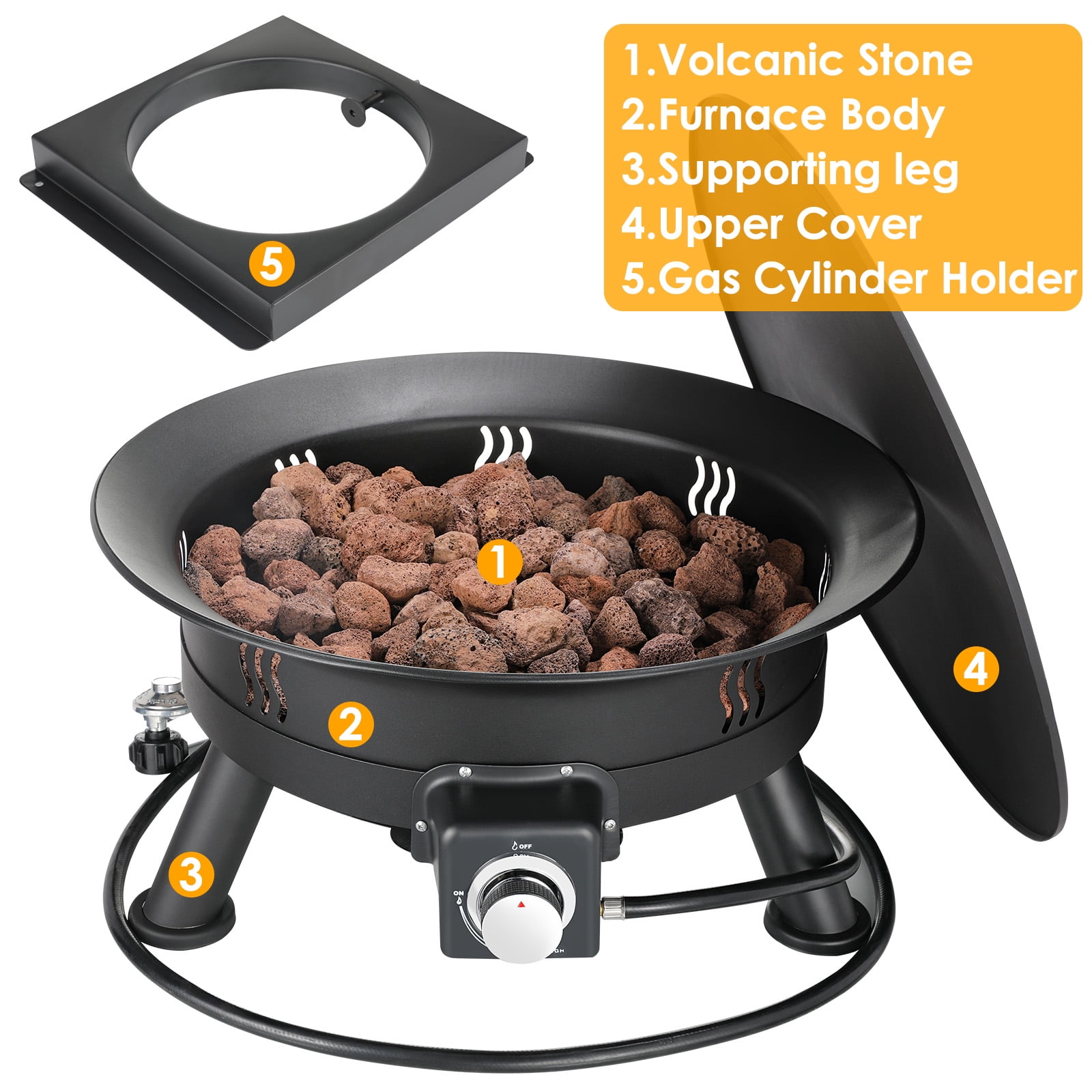 LAZY BUDDY 24" Portable Fire Pits for Outside 58000 BTU Propane Gas Fire Pit with Cover & Lava Rocks
