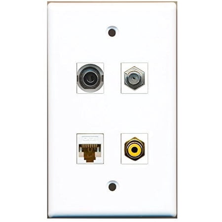 RiteAV - 1 Port RCA Yellow 1 Port Coax Cable TV- F-Type 1 Port 3.5mm 1 Port Cat6 Ethernet White Wall Plate