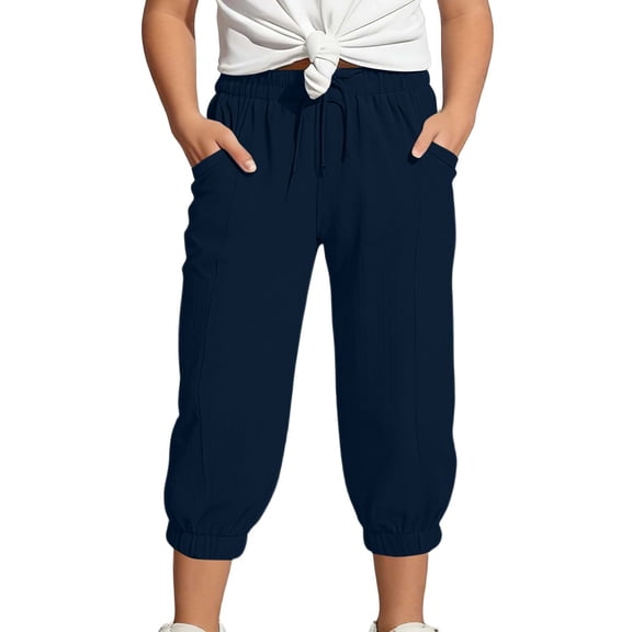 lnmuld Kids Girls Solid Textured Capri Jogger Pants Elastic Drawstring Waist Side Pocket Cropped Pants for Summer Color:Navy,Size:6-7 Years