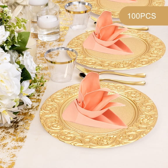 100 Pack Gold Charger Plates, 13 Inch Round Plastic Charger Plate Set, Reusable Decorative Dinner Chargers with Embossed Rim for Weddings, Parties, Banquets & Holiday Table Settings