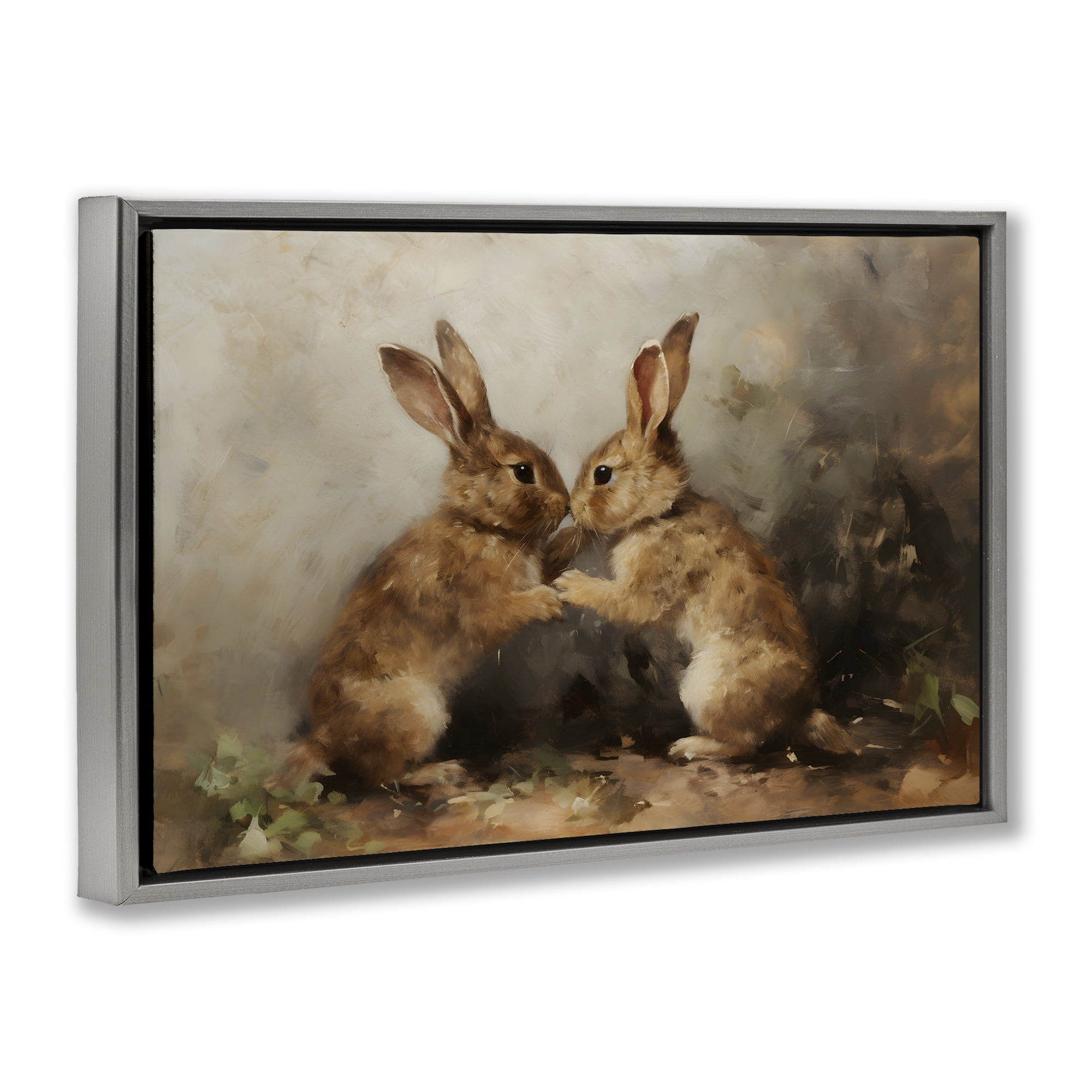 Stupell Industries Bunny Boxing Duo Animals & Insects Painting Gray Floater Framed Canvas Art Print Wall Art, 31 x 21