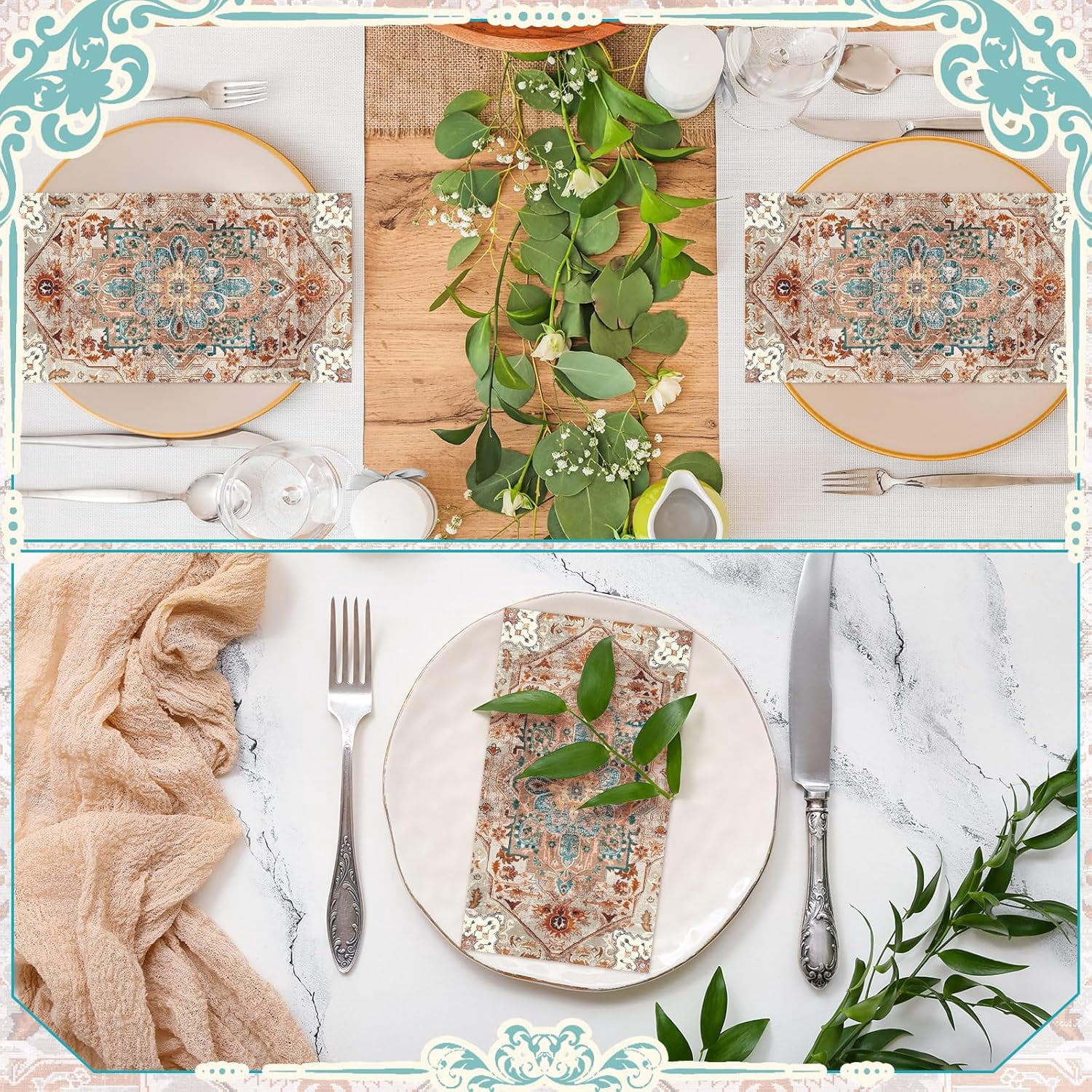 100 Pcs Vintage Boho Napkins Paper Guest Towels 2 Ply Decoupage Napkins Disposable Decorative Hand Towel for Bathroom Kitchen Wedding Party Dinner(Brick Red and Dark Blue)