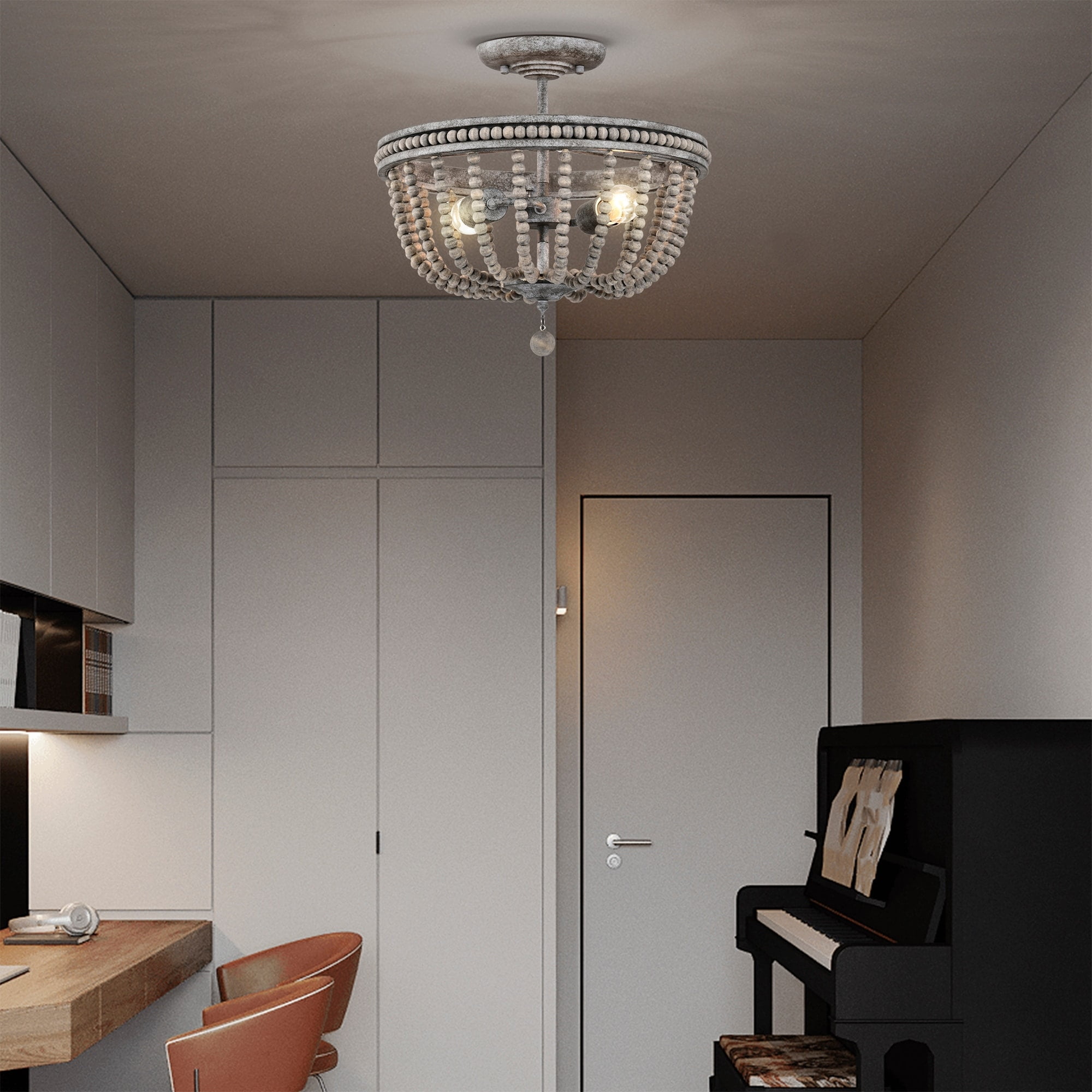 Pocany 16 in. 2-Light Indoor Weathered Grey Finish Semi-Flush Mount Ceiling Light with Light Kit