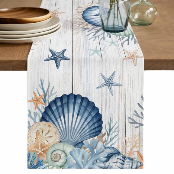 Navy Blue Shell Coastal Table Runner 120 Inches, Starfish Coral Wooden Ocean Sea Bed Runner Dresser Scarves Tabletop for Indoor Outdoor Parties/Ceremony/Banquet, 13"x 120"