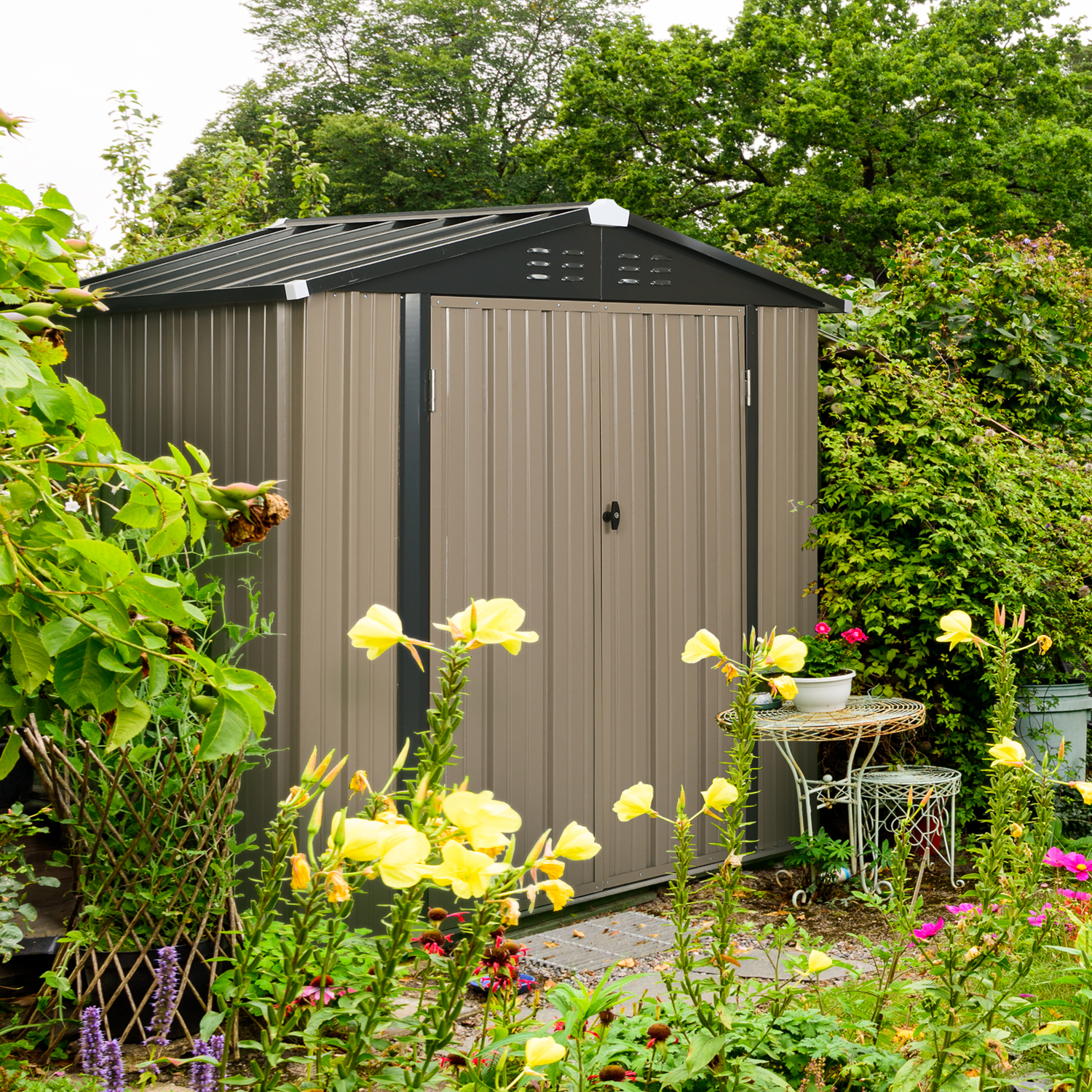 Ainfox 4 X 6 Ft Steel Storage Shed With Lean To Roof Outdoor Garden Backyard Utility Storage Shed Tool House Galvanized Steel Grey Brown Walmart Com