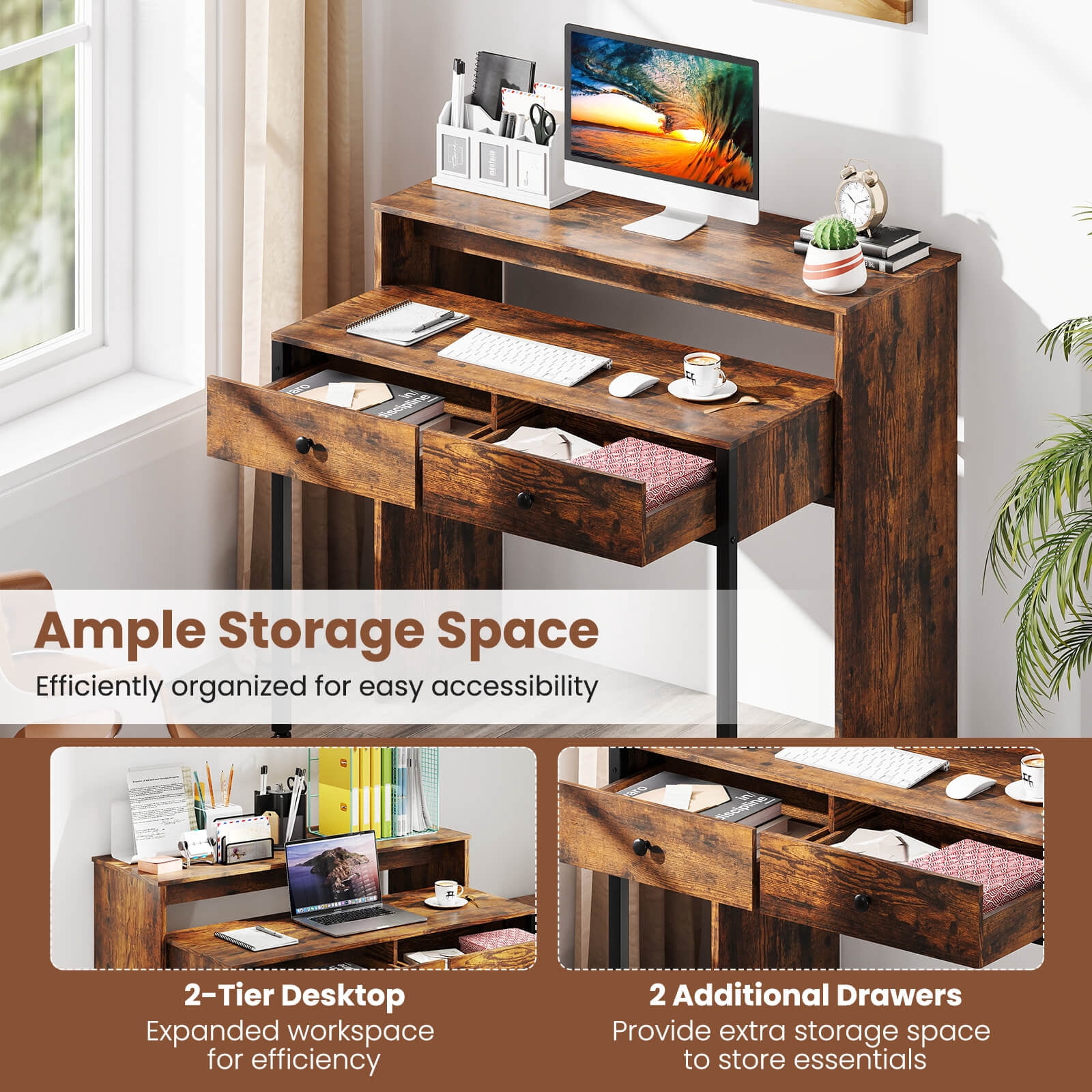 Costway 39.5" Expandable Rolling Computer Desk with Monitor Shelf 2-tier Desktop 2 Drawers Brown