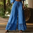 thumbnail image 3 of Womens Lace linen Trim Pants Casual Boho Smocked Elastic Waist Wide Leg Flowy Pull on Daily Vacation Beach Pants,XL, 3 of 5