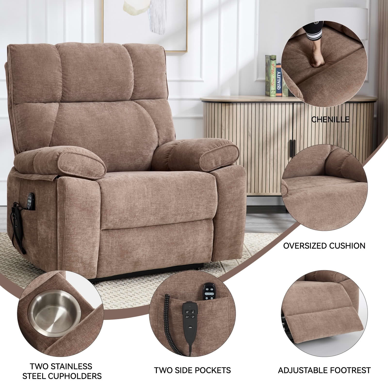 MAYEERTY Brown Dual Motor Power Lift Recliner, 350lbs Infinite Position Massage Heat Hidden Cup Holders for Elderly 41"x37"x42"