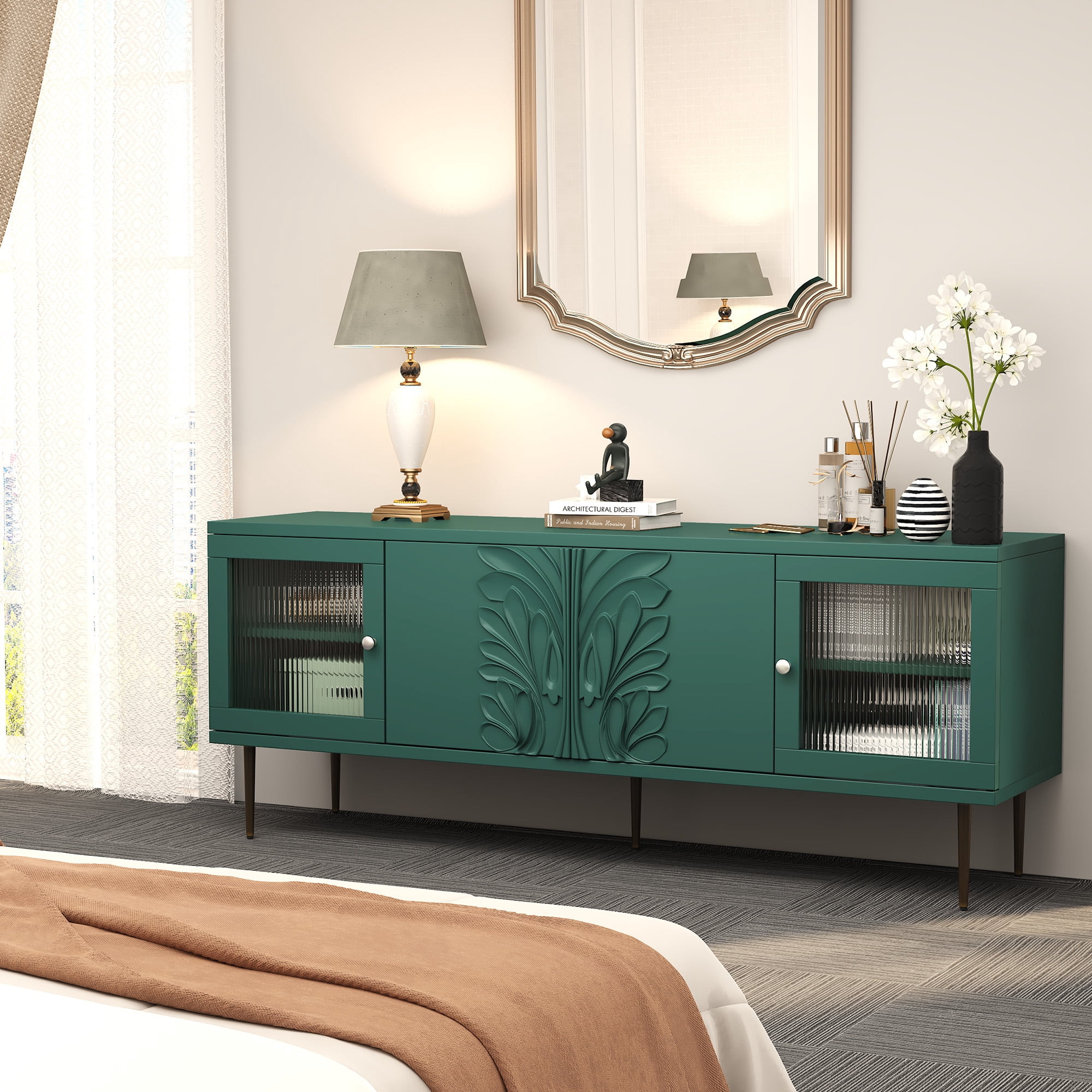 HLR 63" Modern Wood TV Stand with 3D Flower Pattern for TVs Up to 75", Entertainment Center with Storage, Green