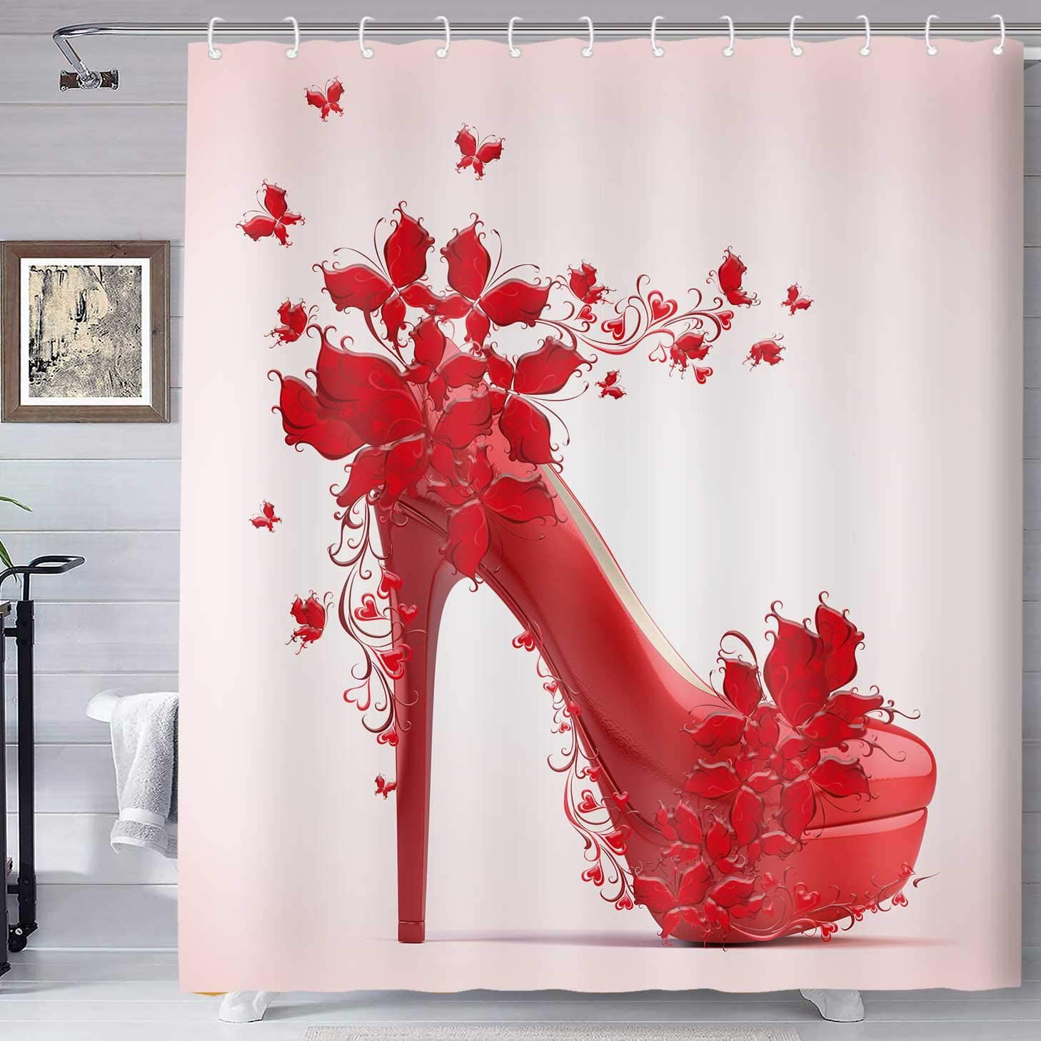 Butterfly High Heel Shoe Shower Curtain 70x70 Fabric w/Hooks 