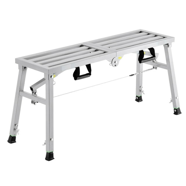 KFFKFF Work Platform with 3 gear adjustable height, made of galvanized alloy steel, featuring a folding design for portability. The platform has a load capacity of 400 lbs and includes non-slip rubber feet for stability. It measures 39.4 x 11.4 inches and offers three height settings: 19.7, 24.4, and 29.1 inches. The lightweight and compact design includes a built-in handle for easy transport, making it ideal for drywall painting, construction, or home improvement tasks.