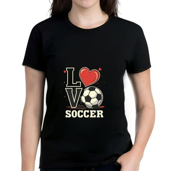 Cotton Short Sleeve T-Shirt for Women - " LOVE SOCCER " Design with Heart and Soccer Ball - Stylish Sports Tee