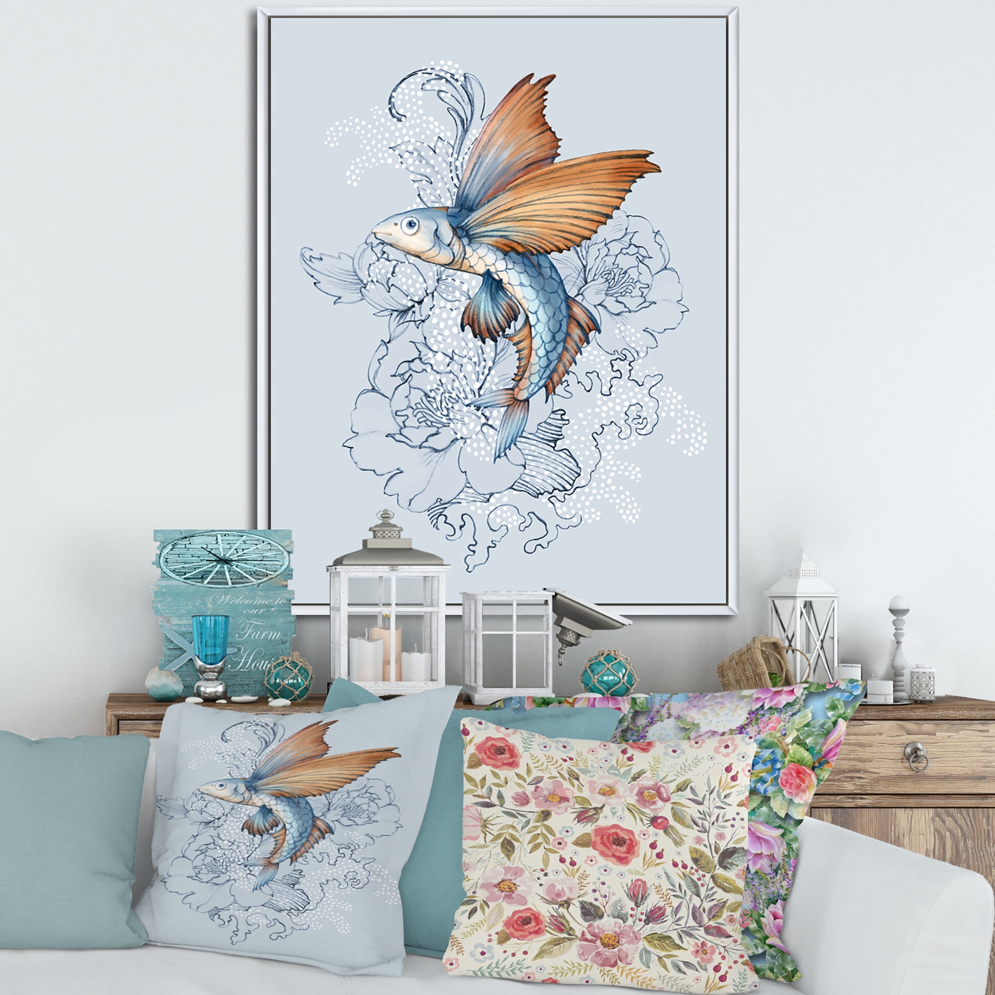 Designart 'Flying Fish and Peonies' Traditional Framed Canvas Wall Art Print