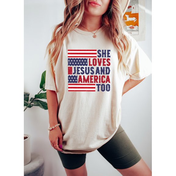 She Loves Jesus and America Too T-Shirt, Christian 4th of July Tee, Memorial Day Shirt, Patriotic Faith Shirt