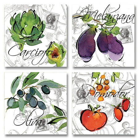 Olive Kitchen Decor Alfesca Italia; Fun, Colorful Tomatoes, Egglplant, Artichoke and OLives; Kitchen Decor; Four 12x12 Poster Prints ()