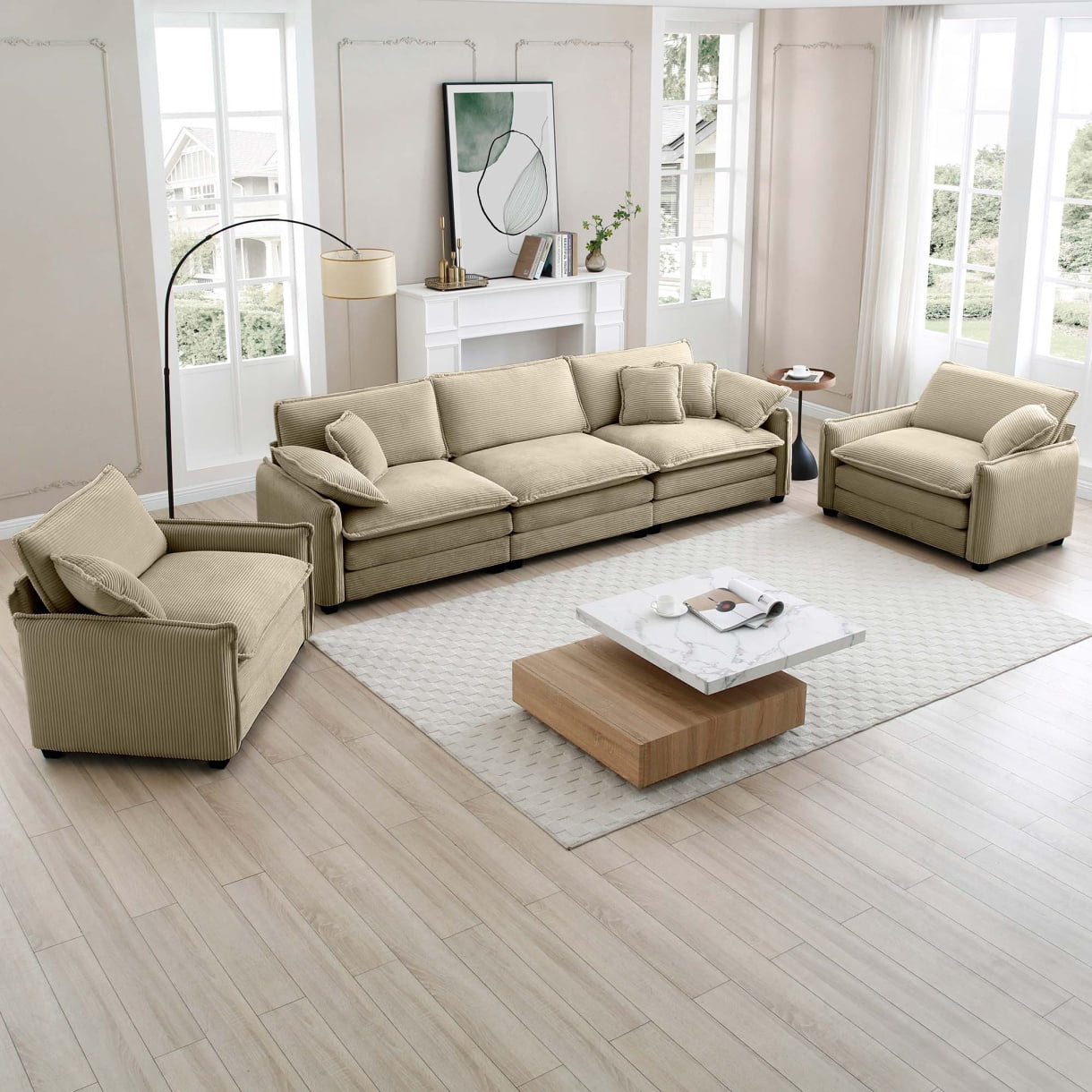 Mid-Century Modern 3-Piece Sofa, Home Theater Style Sofa Set, 3-Seater Sofa and 2 Single Seat Sofa, Living Room Corduroy Combination Sofa With Pillows, for Apartment, Office, Living Space, Tan