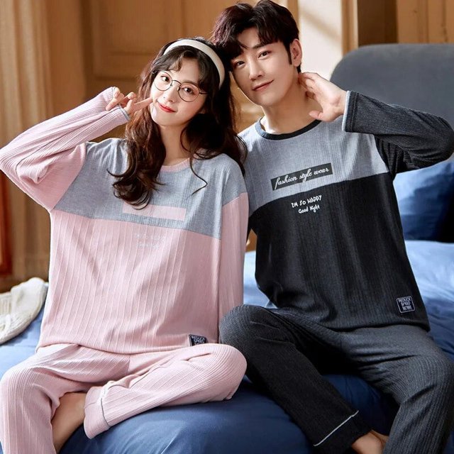 Foply-Conjunto de Pijamas para parejas, ropa de dormir de manga larga, estilo fresco, 100% algodón, Otoño, nuevo