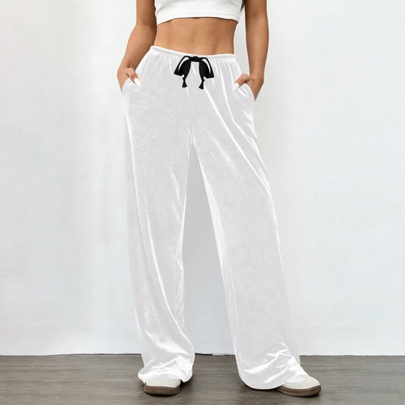 Pincandy Women's Solid Color Velour Pants - Elastic Waist, Loose Wide Leg Fit with Pockets, Luxurious & Comfortable for Loungewear & Daily Outings