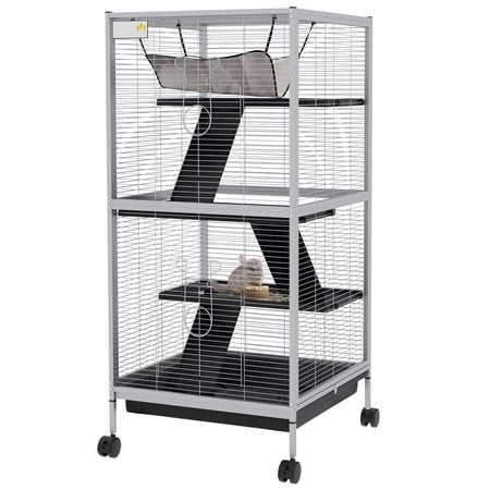 45" Ferret Cage, Chinchilla Habitat, Small Animal Cage with Hammock - 6 Door Rolling Pet Cage with Removable Tray