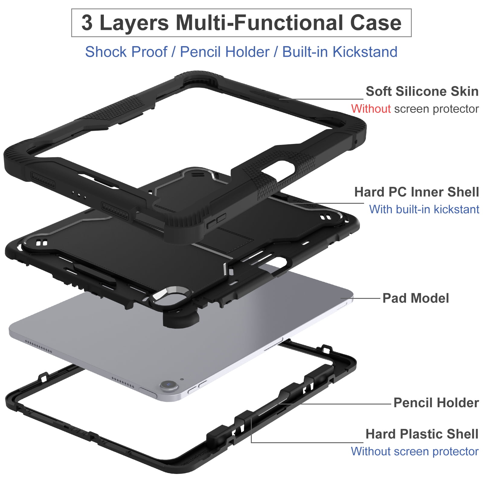 Allytechgroup Rugged Case for Apple iPad Air 11 M4 M3 M2 2026 2025 2024, Dual-Layers Kickstand Anti-Scratch Bumper With Pencil Holder Lightweight Kids Friendly Case Cover for iPad Air 11", Black