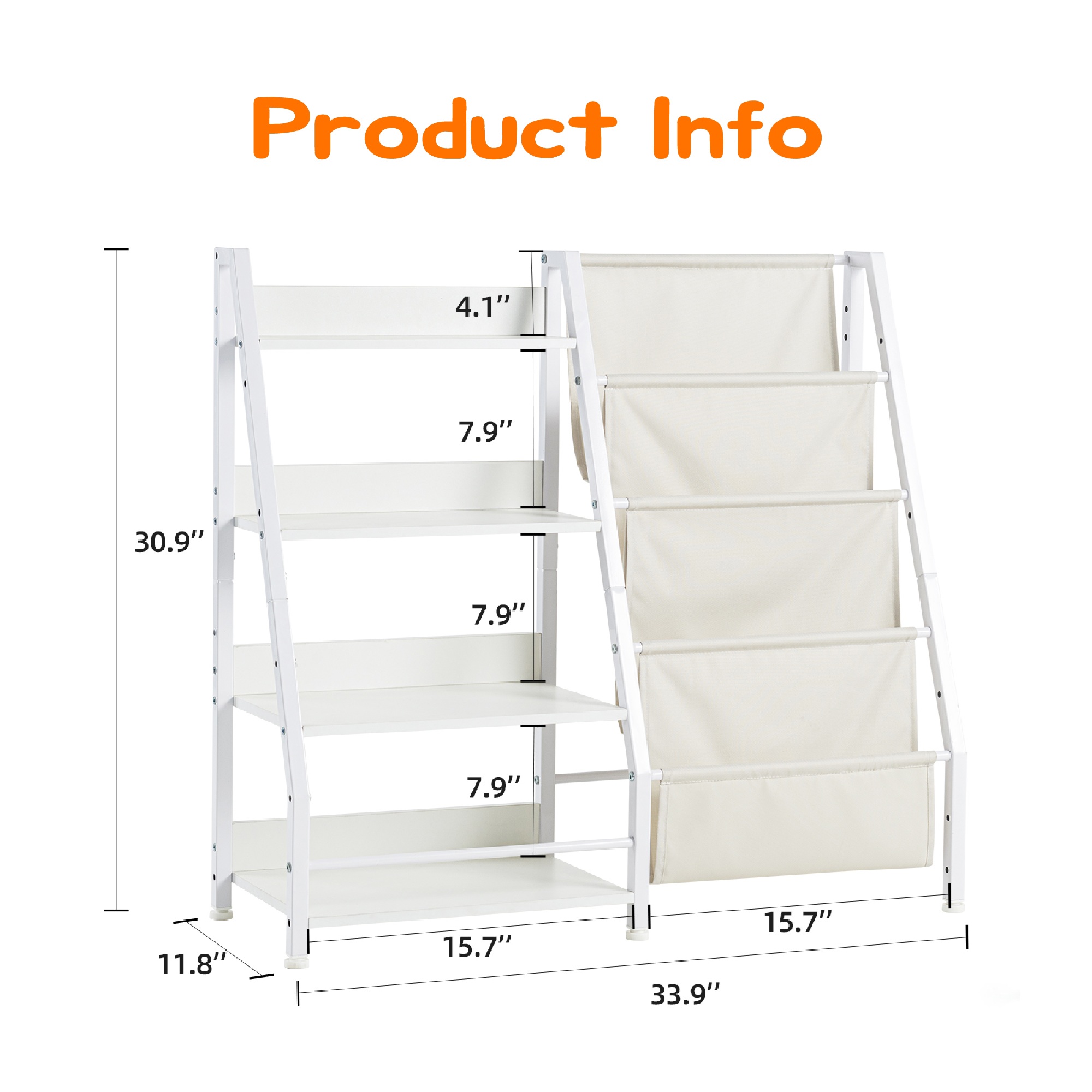 MAYEERTY Natural Wood Kids Bookshelf, 4-Tier Bookcase with Hanging Pockets, Children's Storage Organizer for Books & Toys