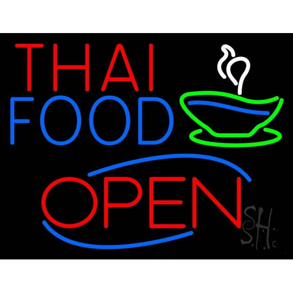 Thai Food Bowl Open LED Neon Sign 24 x 31 - inches, Black Square Cut Acrylic Backing, with Dimmer - Bright and Premium built indoor LED Neon Sign for restaurant window and interior decor.