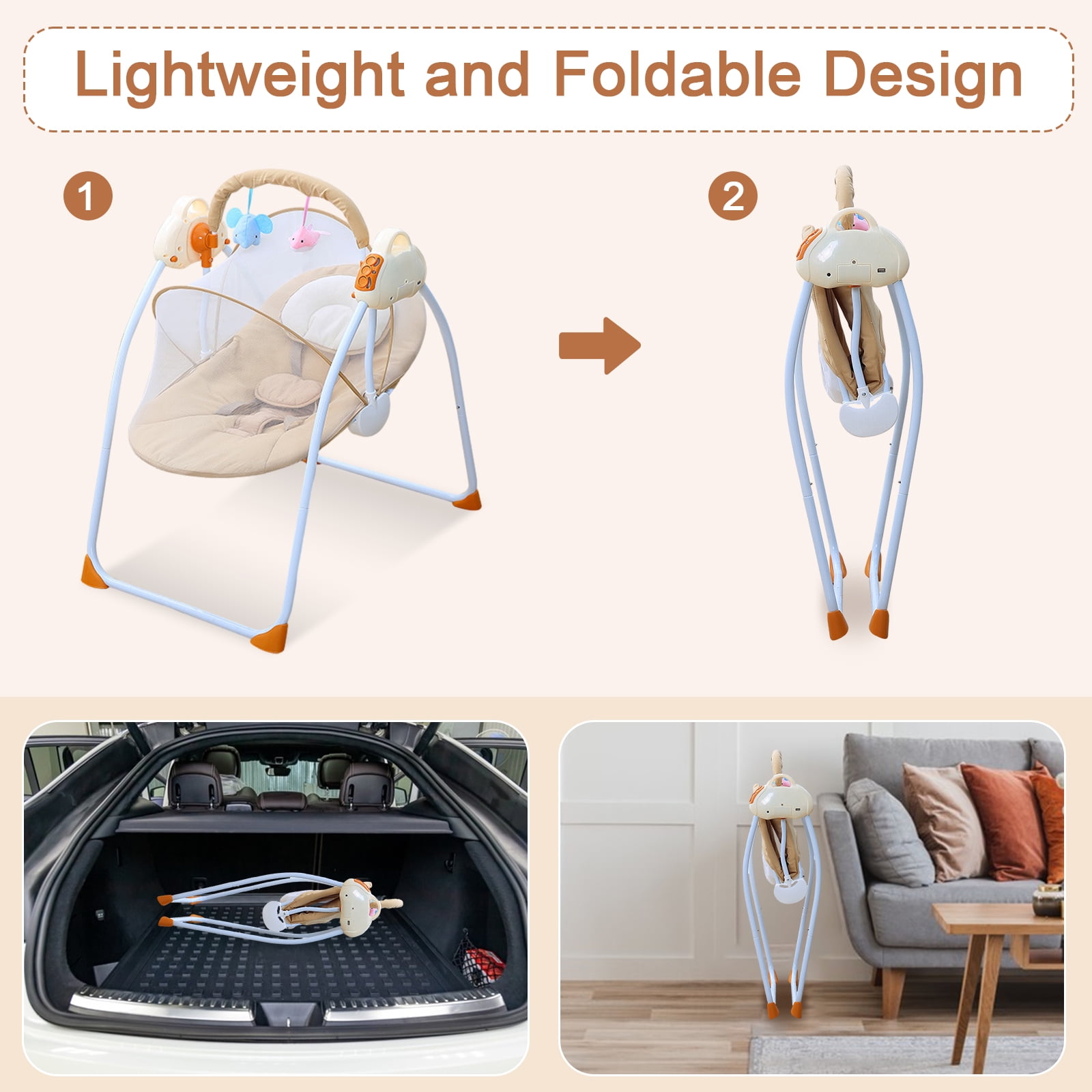 ANJORALA Baby Swings for Infants Toddler Portable Newborn Swing Bouncer, Bluetooth(Brown)