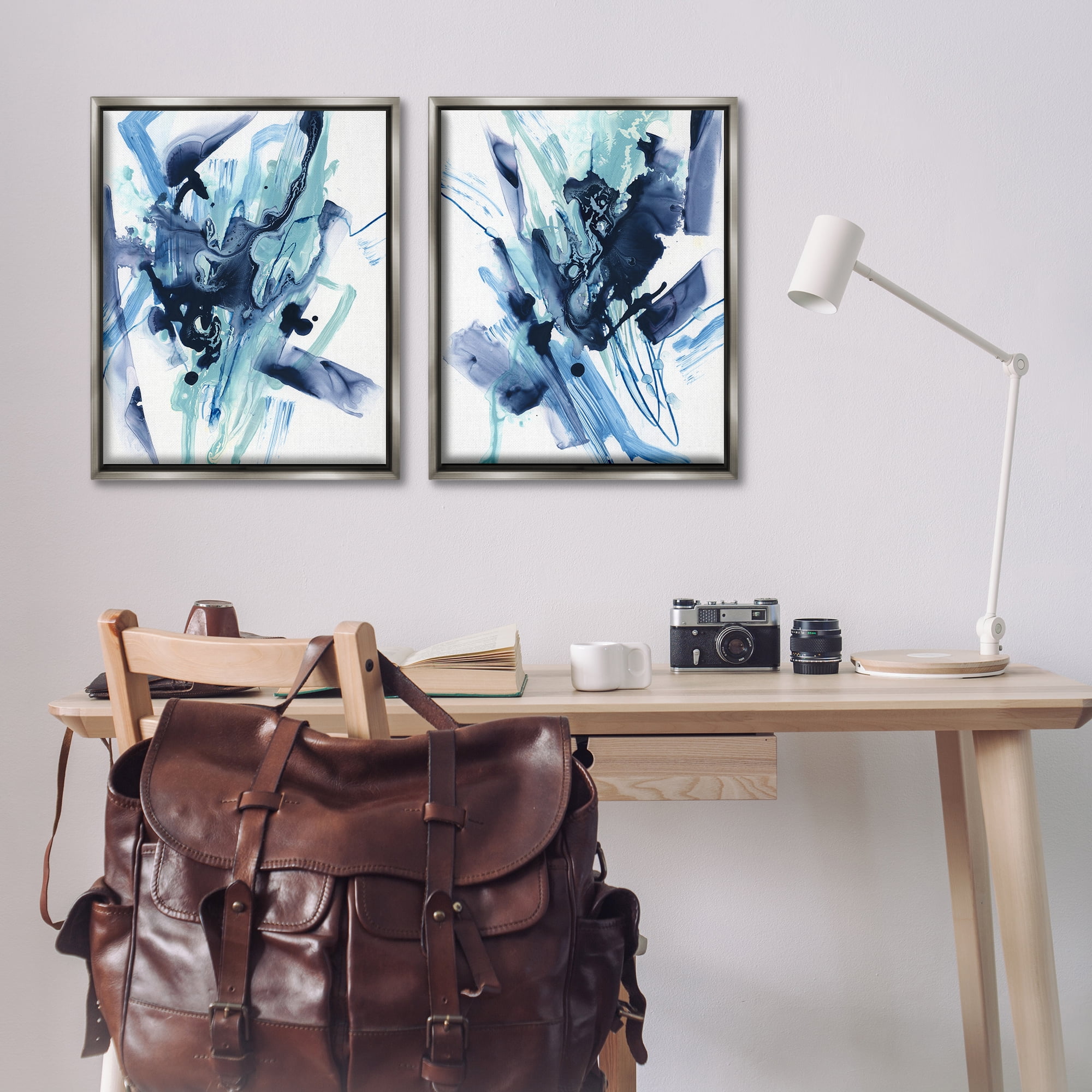 Stupell Industries Abstract Blue Splash Abstract Painting Gray Floater Framed Canvas Art Print Wall Art, 31 x 25, Set of 2