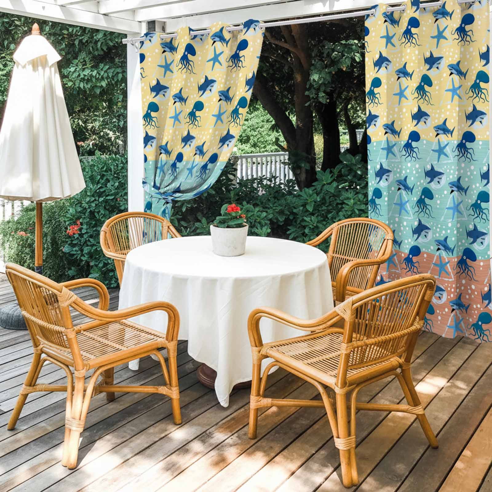 Summer Marine Life Outdoor Curtains for Patio, Watercolor Octopus Sharks Ocean Starfish Bubble Sunshade Privacy Drapes Grommet Waterproof Outside Curtains for Porch/Cabana/Balcony 54"x 108", 1 Panel