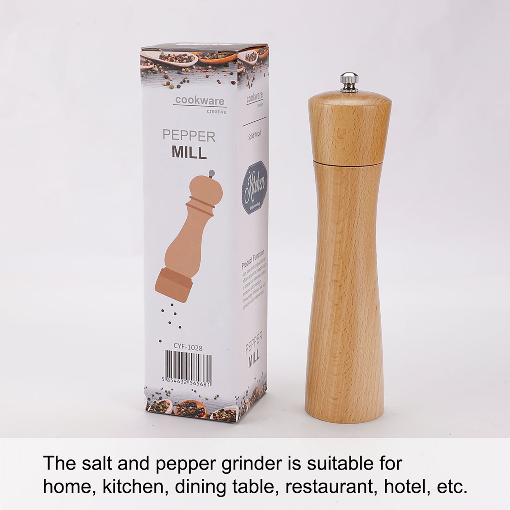 Wooden Pepper Grinder 10.4" Adjustable Coarseness Salt Mill Shaker for