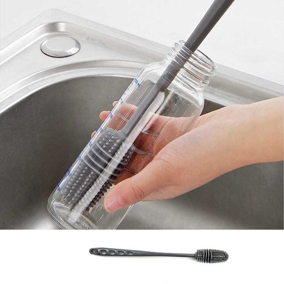 Cepillo para tazas y botellas de agua, modelo 2025, flexible y con mango largo de 360°, ideal para limpiar tapas de tazas. Portátil y plegable, con estructura metálica. Perfecto para