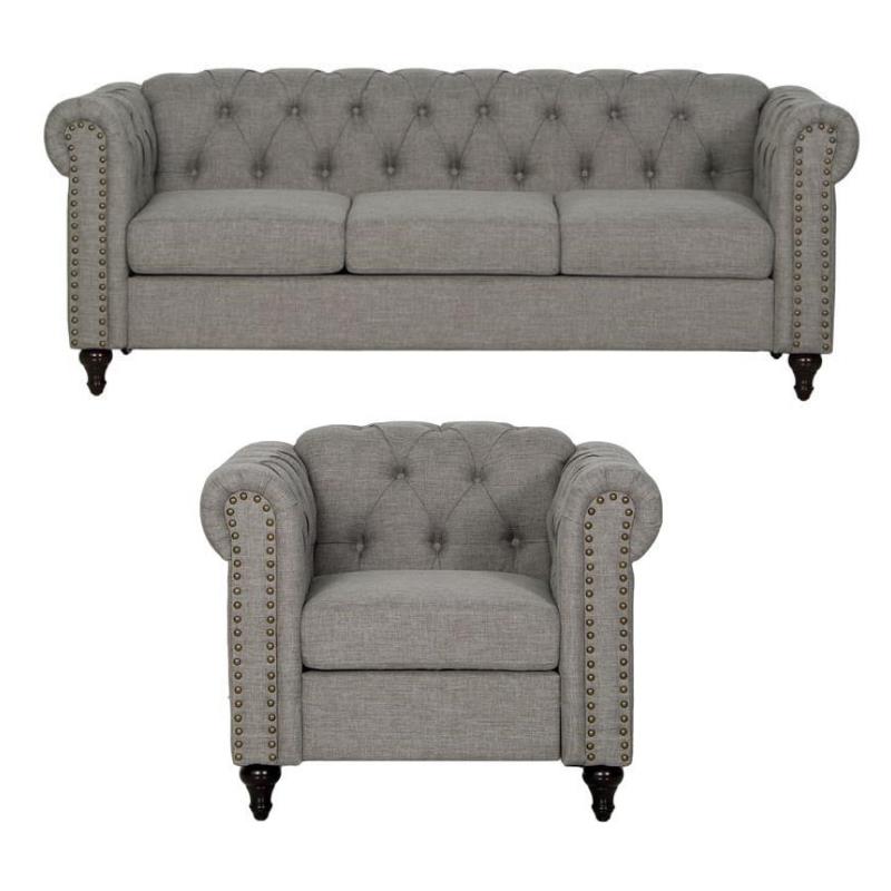 2 Piece Living Room Tufted Sofa Set with Sofa and Armchair in Gray