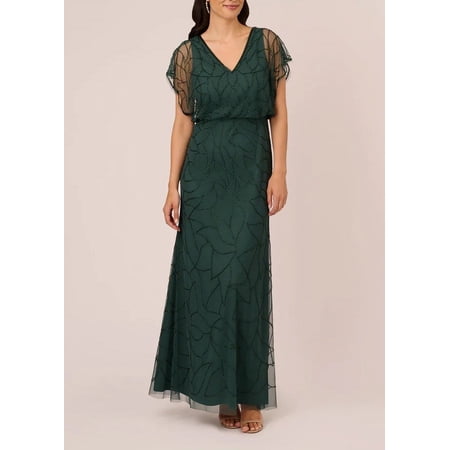 Adrianna Papell V-neck dolman sleeve blouson zipper closure beaded mesh gown