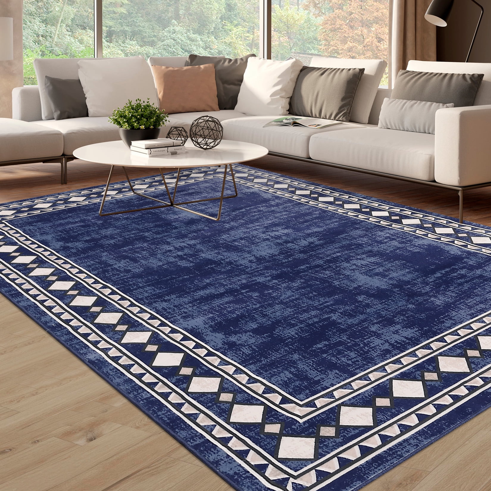 HOMERRY 10' x 13' Area Rug for Living Room Washable Bedroom Geometric Border Indoor Carpet, Navy