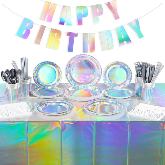 Iridescent Birthday Party Supplies Decorations, Holographic Paper Plates and Napkins Set, Disposable Iridescent Paper Plates Cups Banner Tablecloth for Mermaid Birthday Theme Party, Serve 24