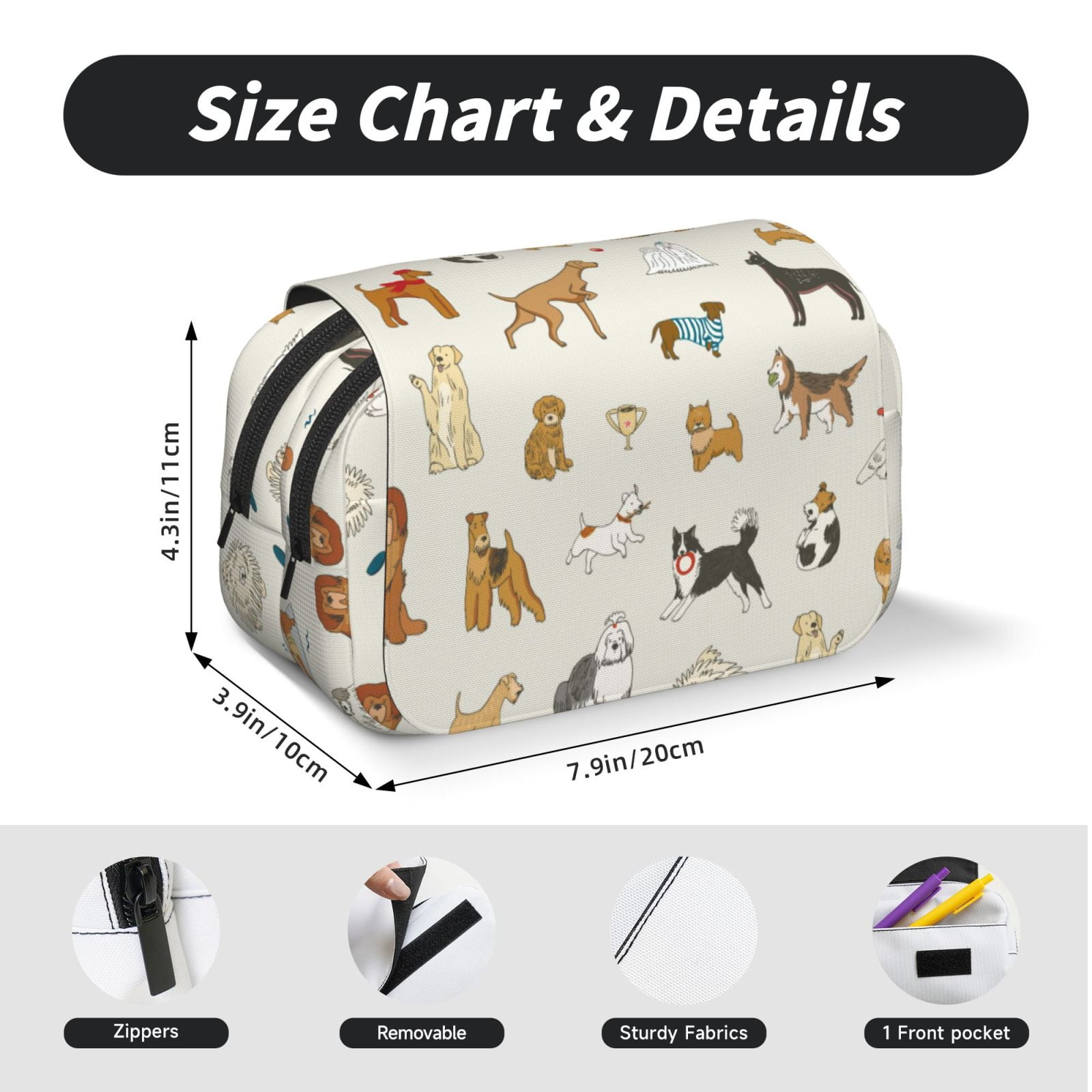 Rateoe Dogs Funny Pets Pattern Double Clamshell Pen Case, Storage Organizer with Two Zipper Compartments– Holds Up to 50 Pencils & Pens