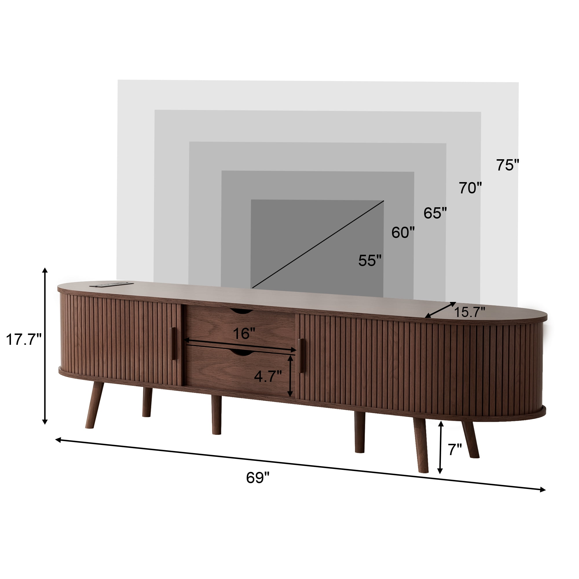 69" TV Stand with Charging Station and Drawers fit 65"- 75" TVs. Mid century Modern TV Stand, Wood Entertainment Center for Living Room and Bedroom, Media Console and Modern TV Console Table ,Walnut