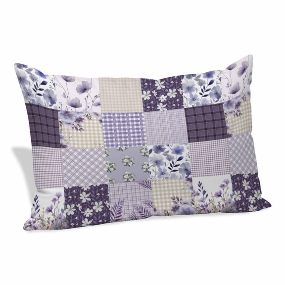 Spring Floral Pillow Covers, Linen Long Throw Pillow Case, Dark Purple Flowers Patchwork Grid Bohemia Holiday Pillow Protector Decorative Cushion Cover for Living Room/Bedroom 20" x 36"