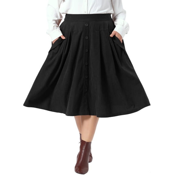 Agnes Orinda Women's Plus Size Halloween Outfits Corduroy Skirts Button Decor Vintage Elastic High Waist A-line Midi Skirt with Pockets 1X Black