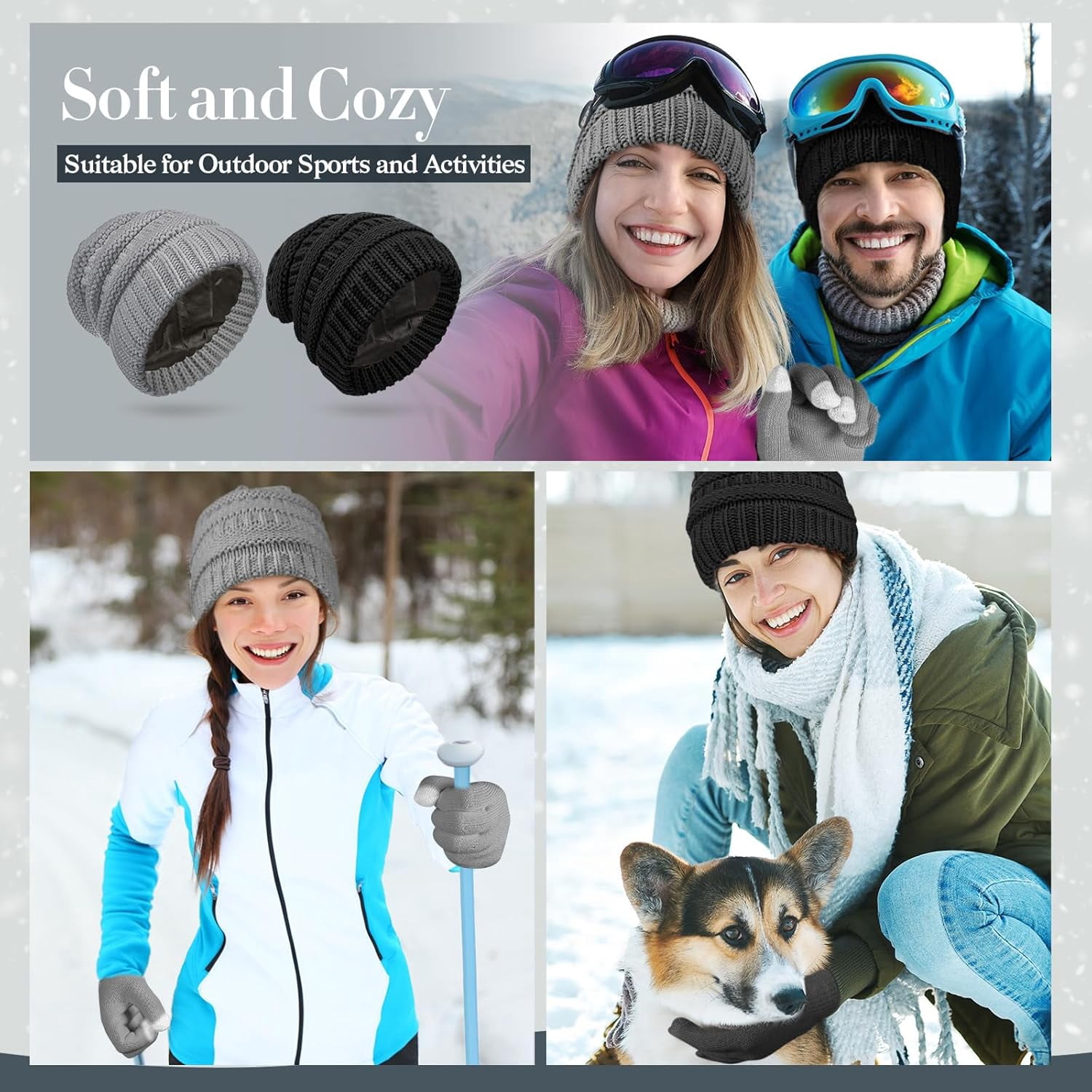 2 Sets Winter Hat and Gloves for Women, Satin Lined Hats for Women Touchscreen Gloves Slouchy Knit Beanies Set