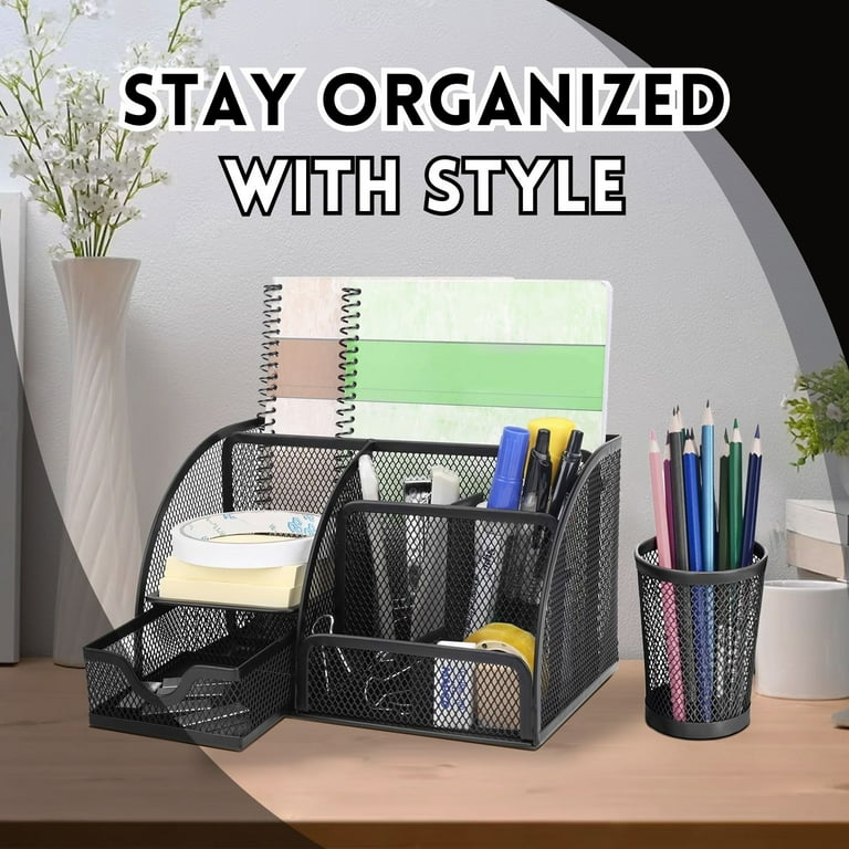 Desk Organizer Accessories Desktop Tabletop Sorter Shelf Pencil Holder  Caddy Set (Black) 
