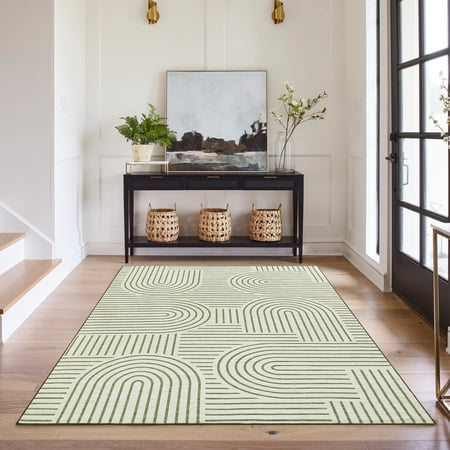 GlowSol 9x12 Modern Machine Washable Area Rug - Non-Slip Striped Design, Low Pile Soft Carpet for Living Room, Bedroom, Nursery, Green